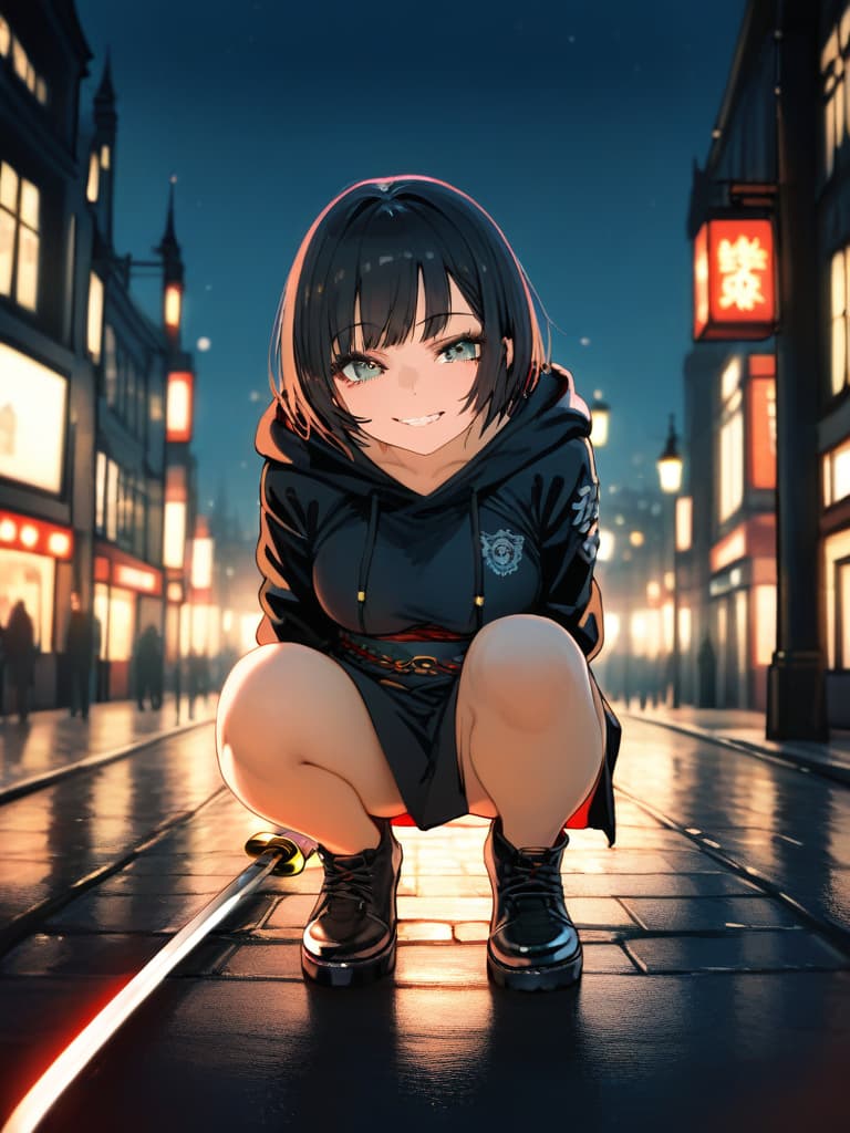  ultra detailed:1.2,masterpiece:1.2,best quality,masterpiece,bestquality,hdr:1.1,8k:1.1,very cute girl:1.3,wearing a black hooded sweatshirt,black shorts,black tights,and long boots,((with a japanese sword at her waist:1.8)),(crouched atop a london bigben:1.8),gazing into the distance,with an ominous grin on her face,set against a night sky with a huge moon and no stars,(overlooking the scattered lights of an ancient london town),(black hair,bob cut:1.4),((black ninja dress:1.5)),(seductive smile,grin:1.5),(full body,face focus:1.8)