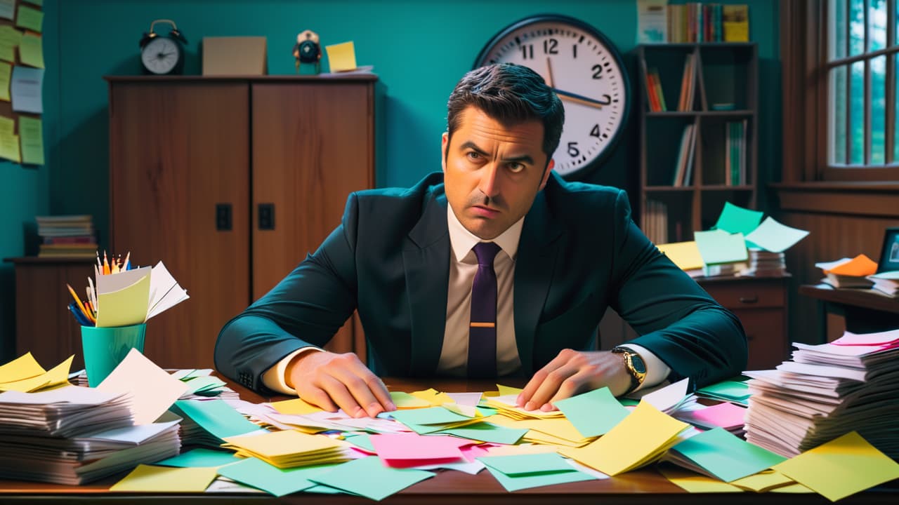  a cluttered desk featuring a torn budget sheet, overflowing bills, and a confused person surrounded by sticky notes, depicting frustration. dim lighting and a clock showing time slipping away emphasize financial stress and disorganization. hyperrealistic, full body, detailed clothing, highly detailed, cinematic lighting, stunningly beautiful, intricate, sharp focus, f/1. 8, 85mm, (centered image composition), (professionally color graded), ((bright soft diffused light)), volumetric fog, trending on instagram, trending on tumblr, HDR 4K, 8K