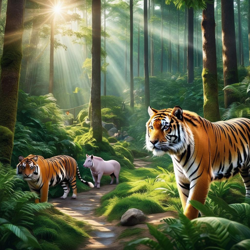  a picture of tigers, pigs, horses, and a picture of the forest, with sunlight. lovely style。 photo realistic, highly intricate and detailed, masterpiece, ultra high res,photography,8k resolution