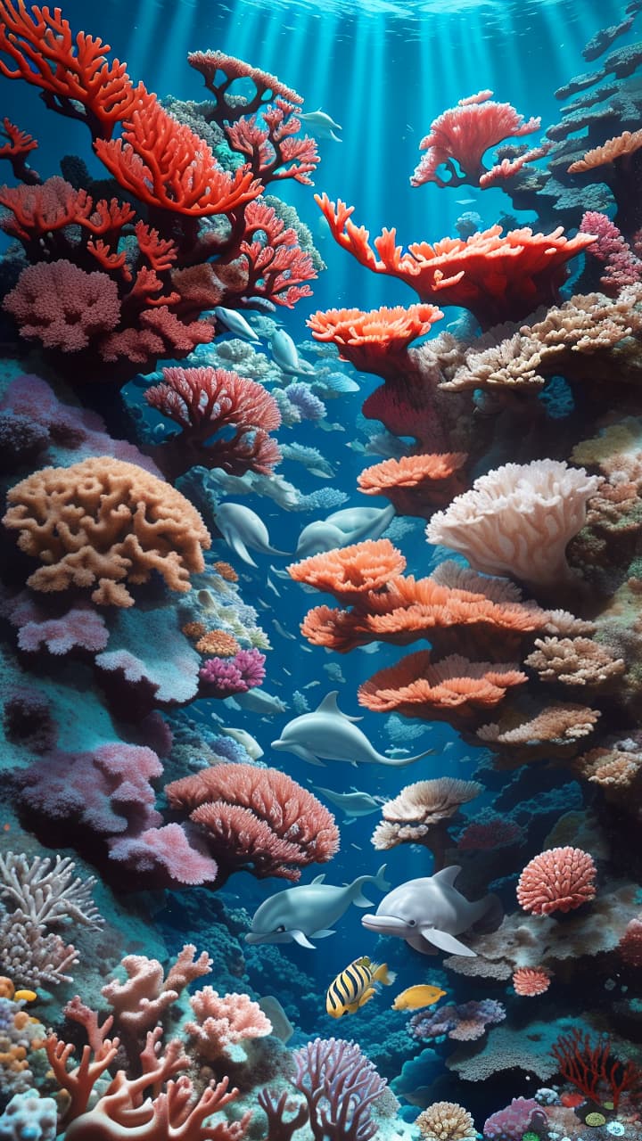  masterpiece, best quality, most beautiful in deep sea teeming with vibrant corals, diverse marine life, and enchanting underwater landscapes, full of corals, acrophore, small fishes, anemones, dolphin, various algaes, caves, colorful,all captured in stunning 8k resolution with intricate details.