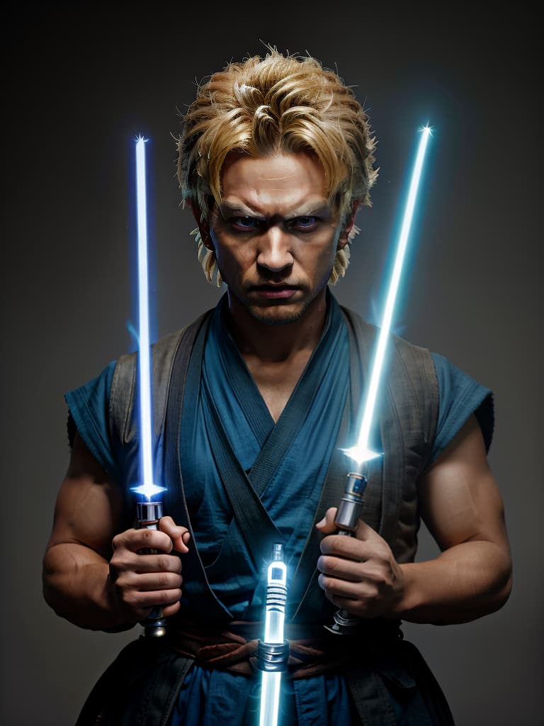  super saiyan, jedi, handsome man, intense anger at the emperor, one blue lightsaber, upside down blonde, jedi's clothes, masterpiece, best quality,8k,ultra detailed,high resolution,an extremely delicate and beautiful,hyper detail