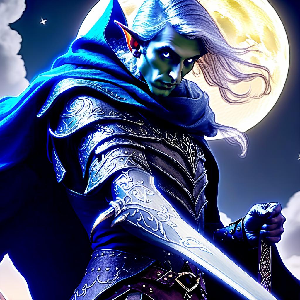  ethereal fantasy concept art of elf man with gray blue skin with ash hair of medium length and black eyes, dressed in leather armor and a cape with a hood, holding old short daggers in two hands, in a battle stand against the background of the moon . magnificent, celestial, ethereal, painterly, epic, majestic, magical, fantasy art, cover art, dreamy