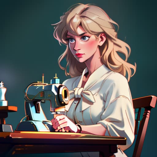  A girl with light beige hair in casual clothes sews fabric on a sewing machine, in the style of a Disney cartoon., expressive, personal, creative, by Annie Leibovitz, Cindy Sherman, Richard Avedon, Yousuf Karsh, Vivian Maier hyperrealistic, full body, detailed clothing, highly detailed, cinematic lighting, stunningly beautiful, intricate, sharp focus, f/1. 8, 85mm, (centered image composition), (professionally color graded), ((bright soft diffused light)), volumetric fog, trending on instagram, trending on tumblr, HDR 4K, 8K