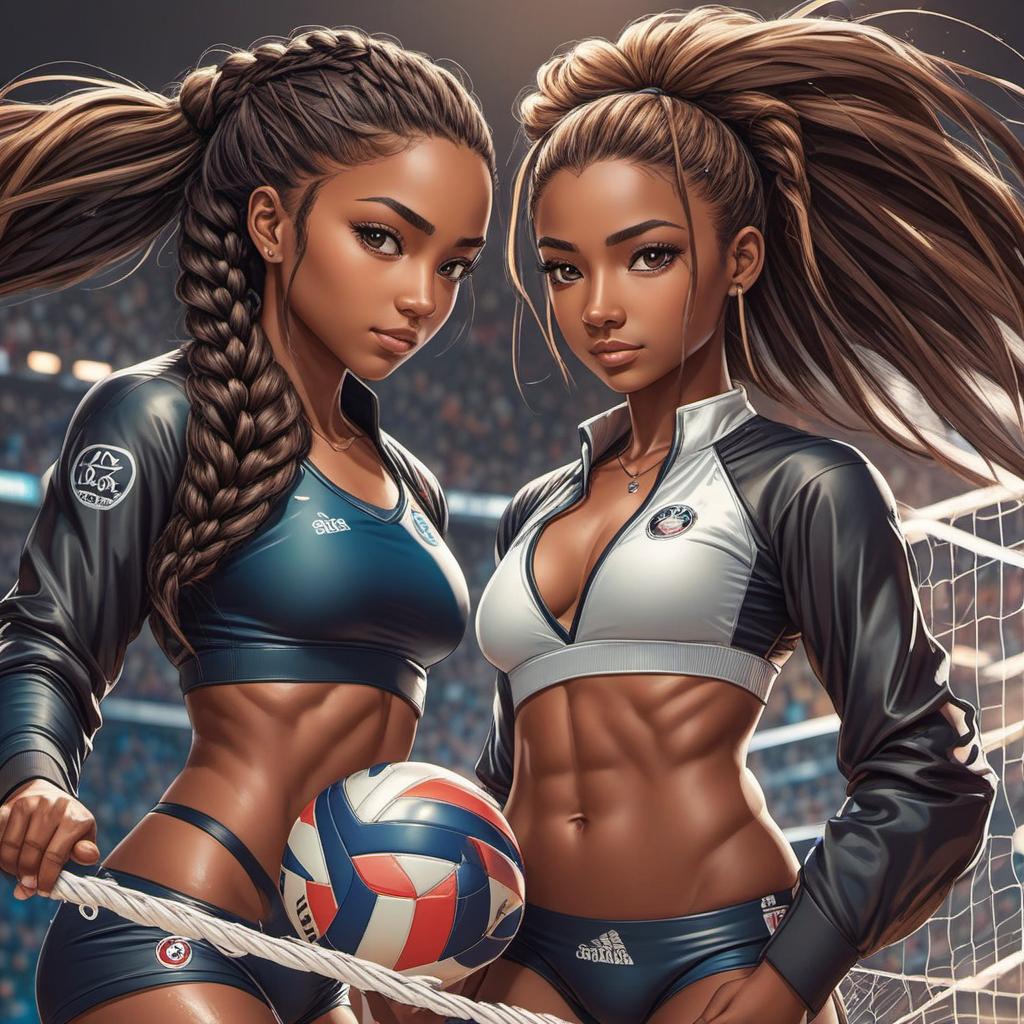  create 2 young cartoon book volleyball players. one is african with long braids. the other is white with long ponytail. brown hair. brown eyes , comic style, manga and manhwa style, painting style