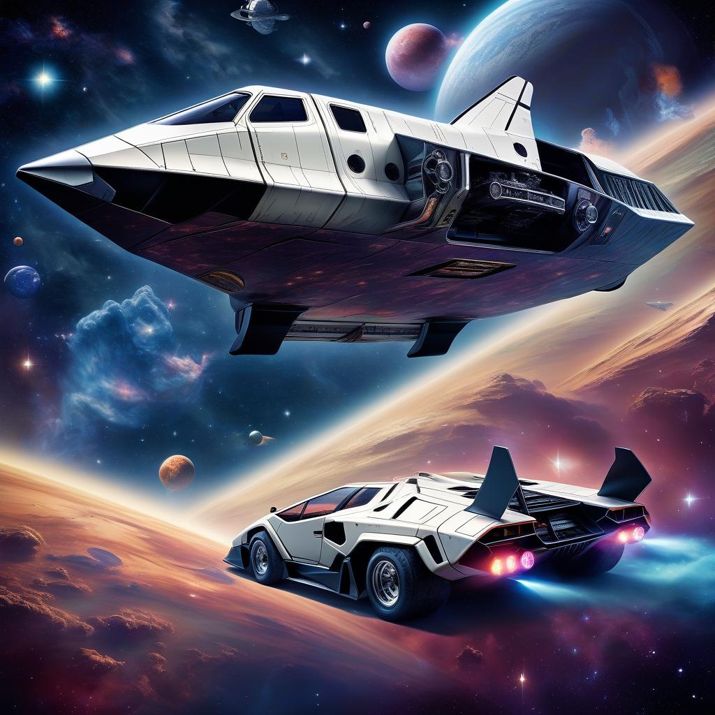  space themed retro futurism, steam punk and diesel, a star shuttle that looks like a lamborghini countach. . cosmic, celestial, stars, galaxies, nebulas, planets, science fiction, highly detailed