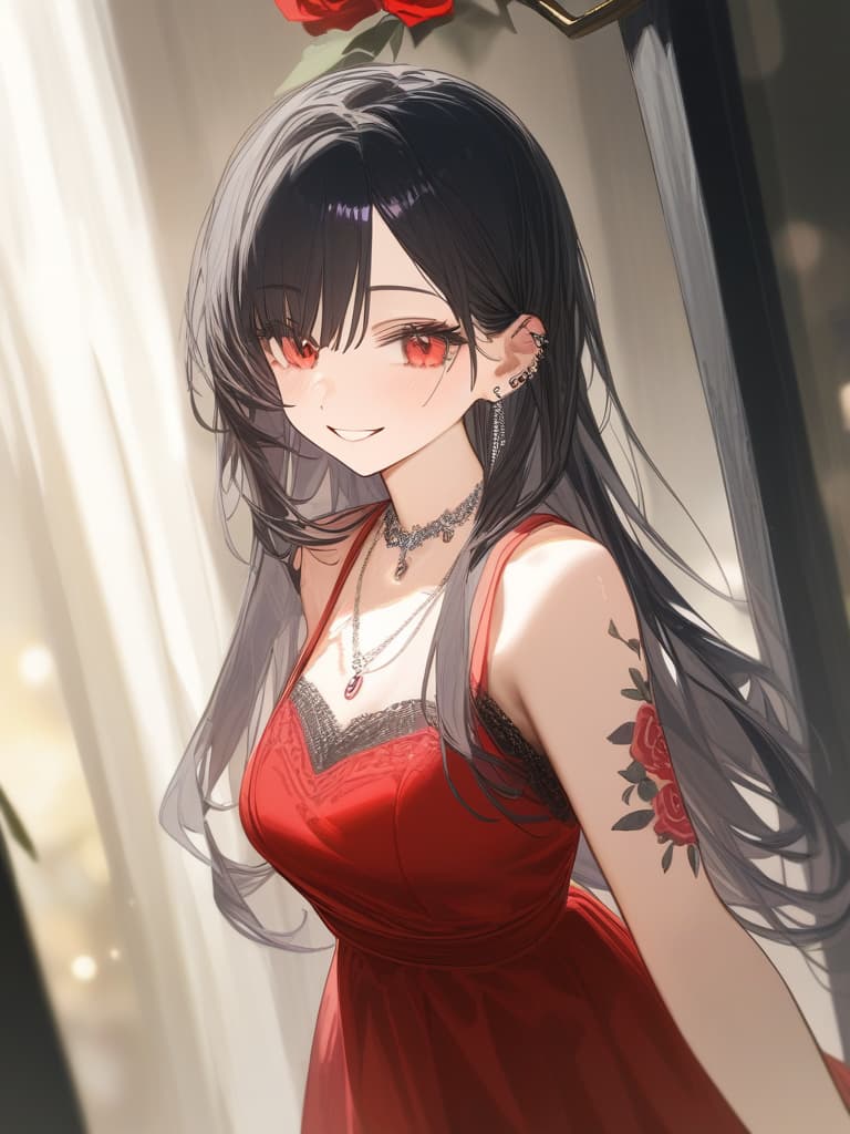  long hair, black hair, hair tips are pink, red eyes, hanging, bangs, and length of bangs, smiles, adults, adult faces, piercings, necklaces, black lace clothes, red rose tattou on arms in contained, thin makeup, rose tattoo on the arm, pink and black hair, masterpiece, best quality,8k,ultra detailed,high resolution,an extremely delicate and beautiful,hyper detail