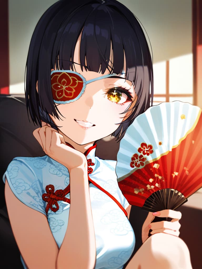  ultra detailed:1.2,masterpiece:1.2,best quality,masterpiece,bestquality,hdr:1.1,8k:1.1,very cute girl:1.3,(black hair,bob cut,long hair,blunt bangs:1.4),((white china dress,japonica pattern:1.5)),(chinaese makeup:1.6),((redrose object eyepatch:1.6))(seductive smile,grin:1.1),(sitting couch:1.3)((cross legs:1.3)),(head rest:1.3),(holding open handfan:1.7)(upper body,face focus:1.4)