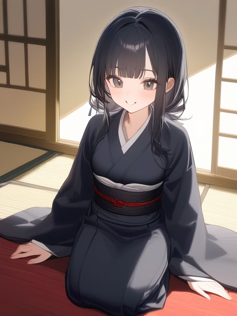  1girl,black hair,black eyes,long hair,kimono,bangs bangs,trimmed hair tips,smile gently,seiza,japanese style room,japanese style hair,blunt bangs,flat hair