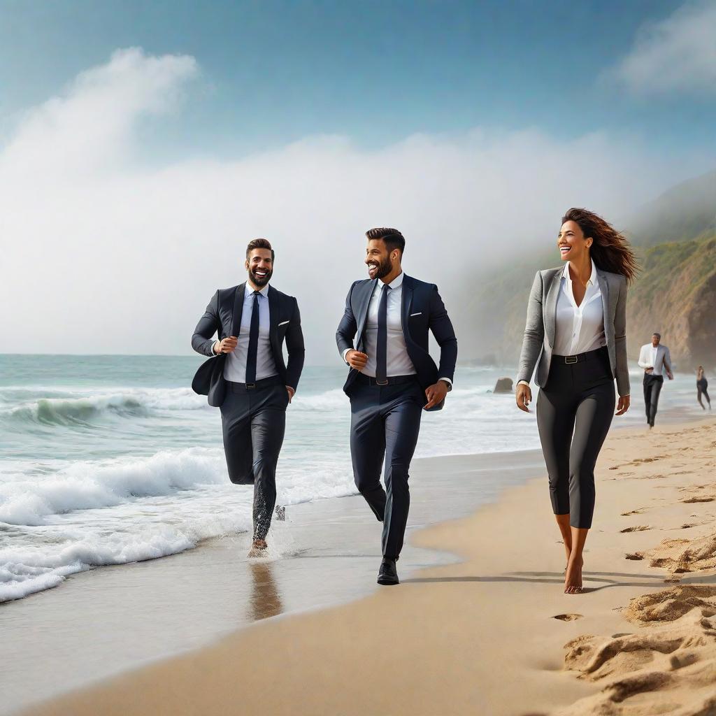  happy excited business people working out on the beach hyperrealistic, full body, detailed clothing, highly detailed, cinematic lighting, stunningly beautiful, intricate, sharp focus, f/1. 8, 85mm, (centered image composition), (professionally color graded), ((bright soft diffused light)), volumetric fog, trending on instagram, trending on tumblr, HDR 4K, 8K