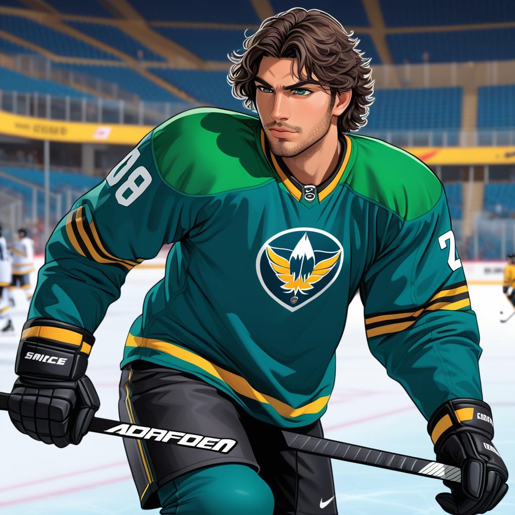  anime art very beautiful male hockey player, curly and dark brown neck length hair, brown skin male, green sullen eyes, long black lashes, bow shaped lips, flat eyebrows, snub nose shape, scar on right cheek that goes to jaw, bridge nose piercing, hockey player, on ice rink, hockey stick, blue and yellow jersey, full body., award winning, professional, highly detailed, masterpiece