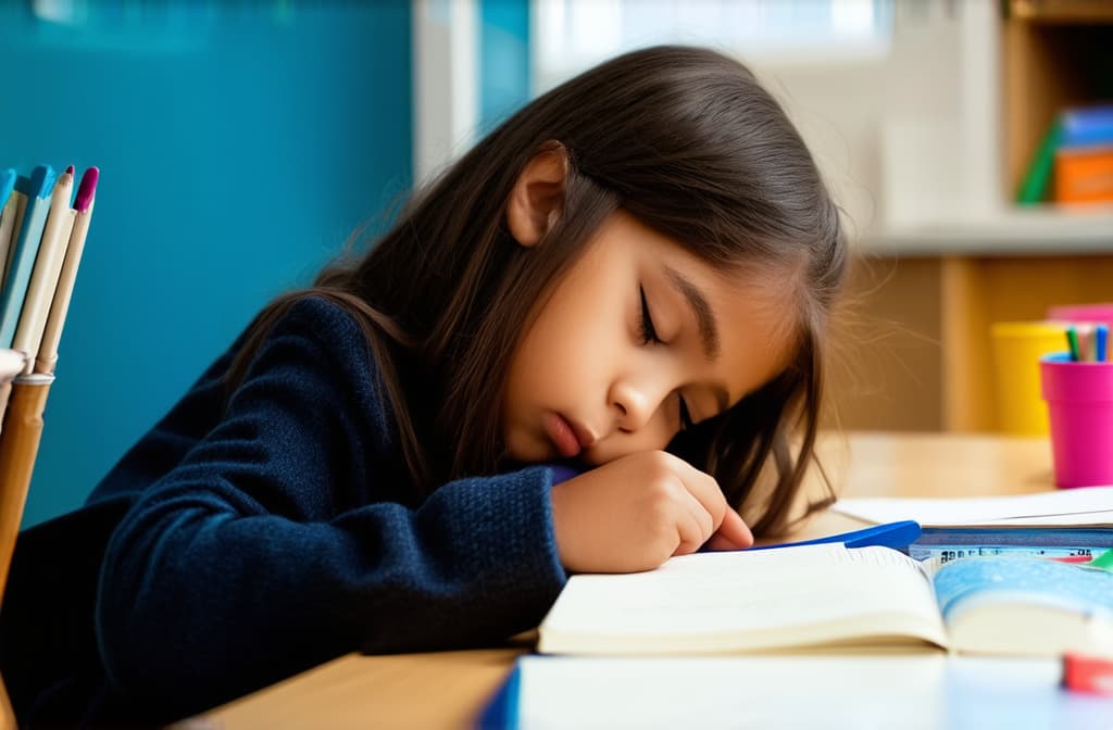  a girl of primary school age sits at a desk doing her homework, is tired and falls asleep, resting her head on the desk and closing her eyes. {prompt}, maximum details