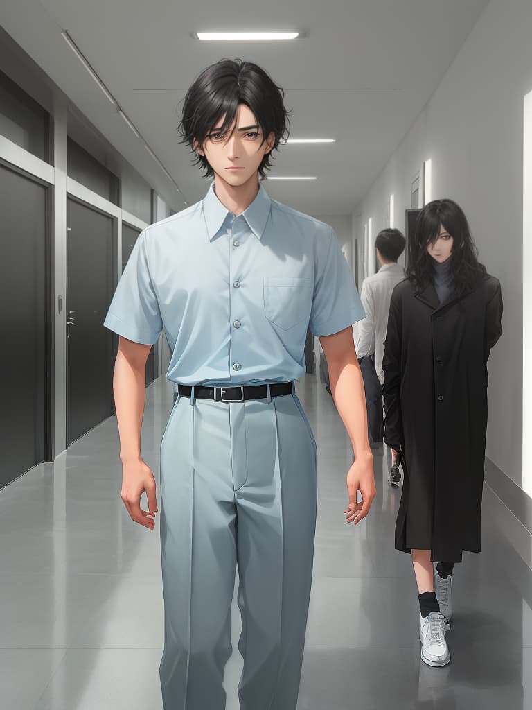  an anime style image of a young man with short,wavy black hair and sharp,expressive brown eyes. he is standing in a well lit modern hallway,holding a smartphone in one hand. he is dressed casually in a light blue button up shirt with rolled up sleeves,featuring a small black pocket with a minimalist design. the young man has a friendly and approachable expression,giving off a relaxed and confident vibe. the background is a clean,professional setting with subtle lighting and modern decor.