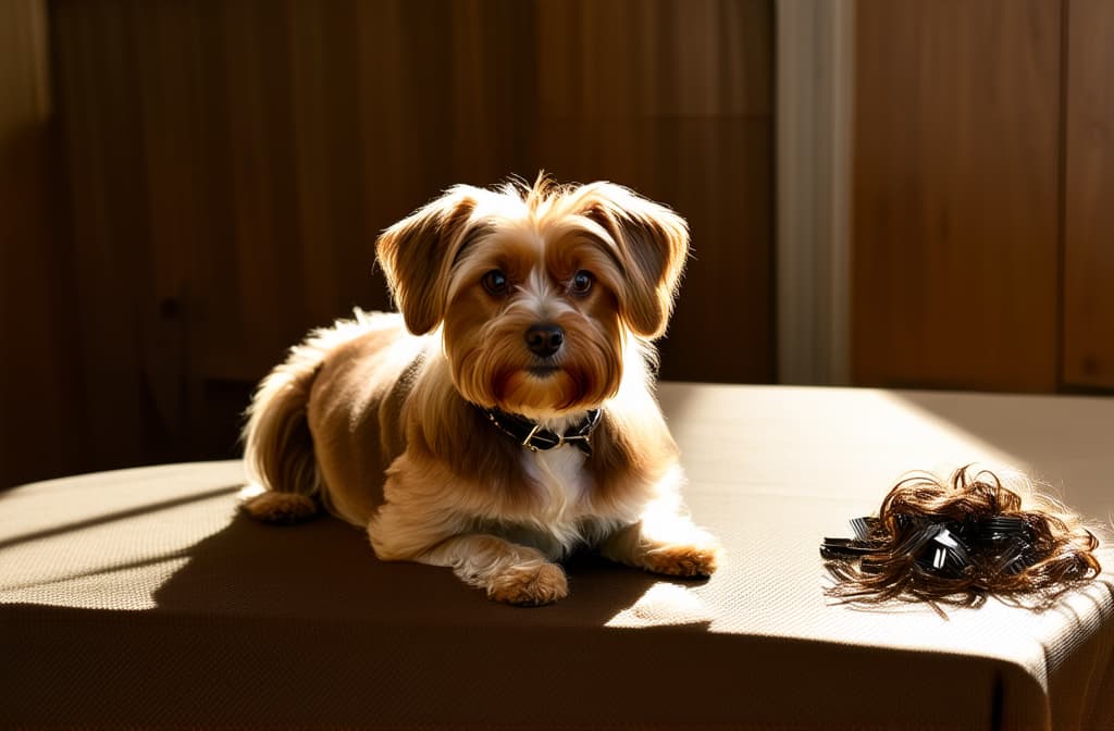  cinematic film style, a groomed dog on a grooming table with a pile of clipped hair nearby ar 3:2, shallow depth of field, vignette, maximum details, high budget hollywood movie, bokeh, cinemascope, moody, epic, gorgeous, sun rays and shadows on furniture and surfaces, flattering light, raw photo, photography, photorealistic, 8k resolution, f1.4, sharpened focus, sharp focus