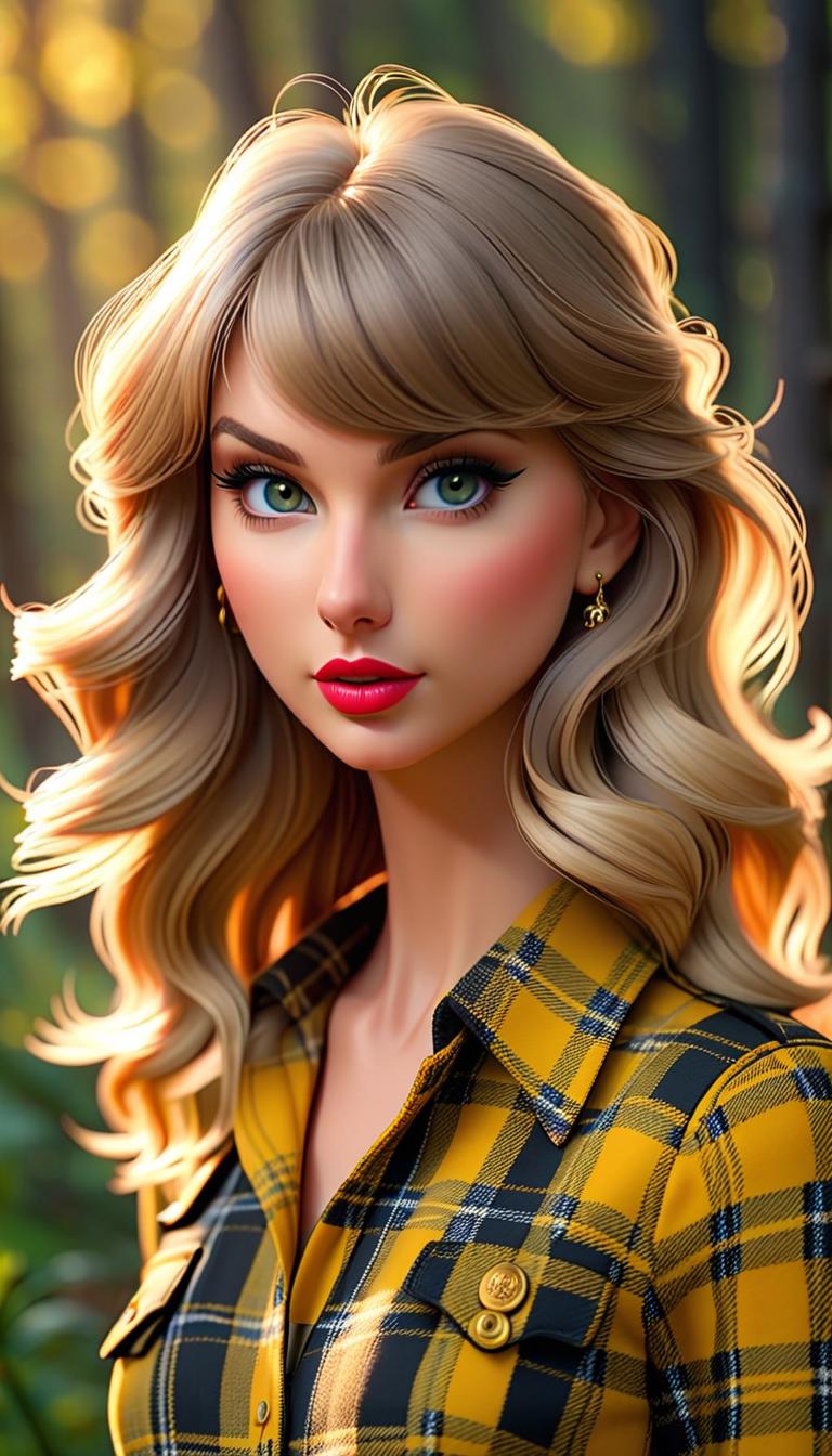  professional 3d model of taylor swift wearing black and yellow plaid . rendered with octane, the model is highly detailed,dramatic lighting. hyperrealistic, full body, detailed clothing, highly detailed, cinematic lighting, stunningly beautiful, intricate, sharp focus, f/1. 8, 85mm, (centered image composition), (professionally color graded), ((bright soft diffused light)), volumetric fog, trending on instagram, trending on tumblr, HDR 4K, 8K