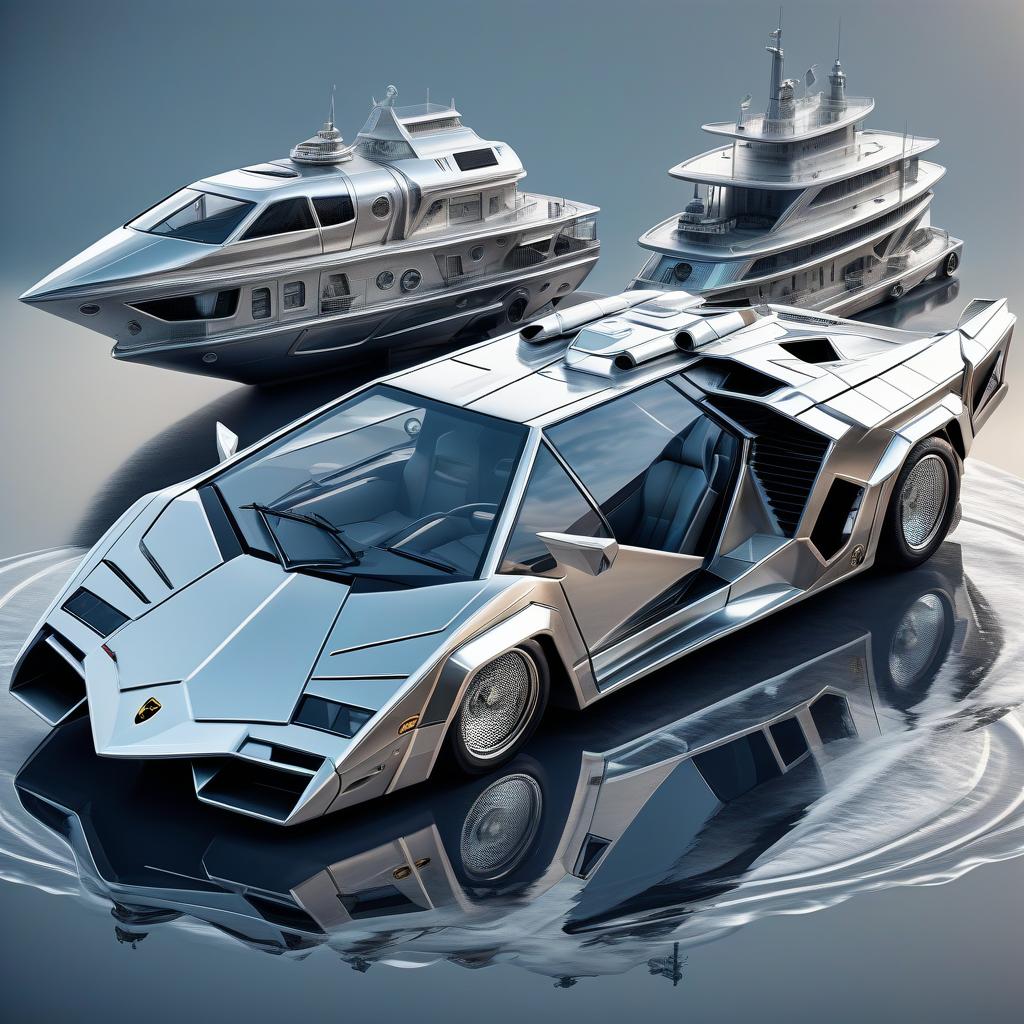  nautical themed the spacecraft looks like a lamborghini countach, silver color, in the styles of futurism, dieselpunk and steampunk. . sea, ocean, ships, maritime, beach, marine life, highly detailed