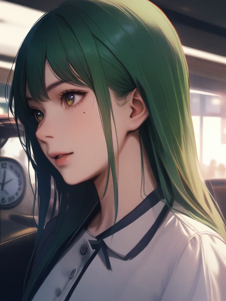  1girl,green hair,(((pupil are the clock is ticking:1.5))),realistic