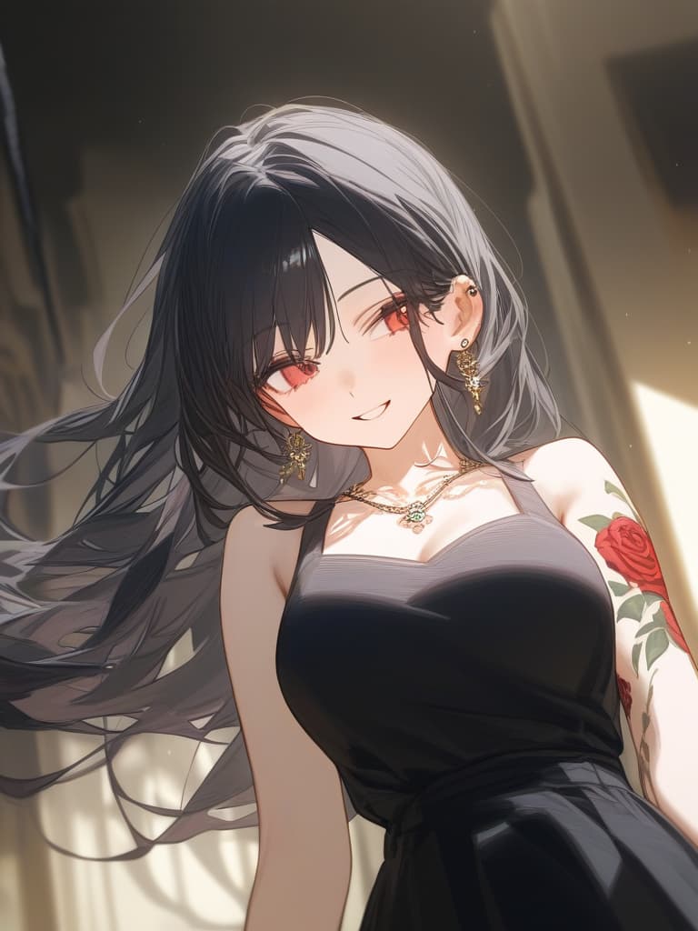  long hair, black hair, hair tips are pink, red eyes, hanging, bangs, and length of bangs, adults, adult faces, piercings, necklaces, hair are light pink and black, thin makeup on the arm. there is a rose tattoo, a rose tattoo on your arm, smiling, masterpiece, best quality,8k,ultra detailed,high resolution,an extremely delicate and beautiful,hyper detail