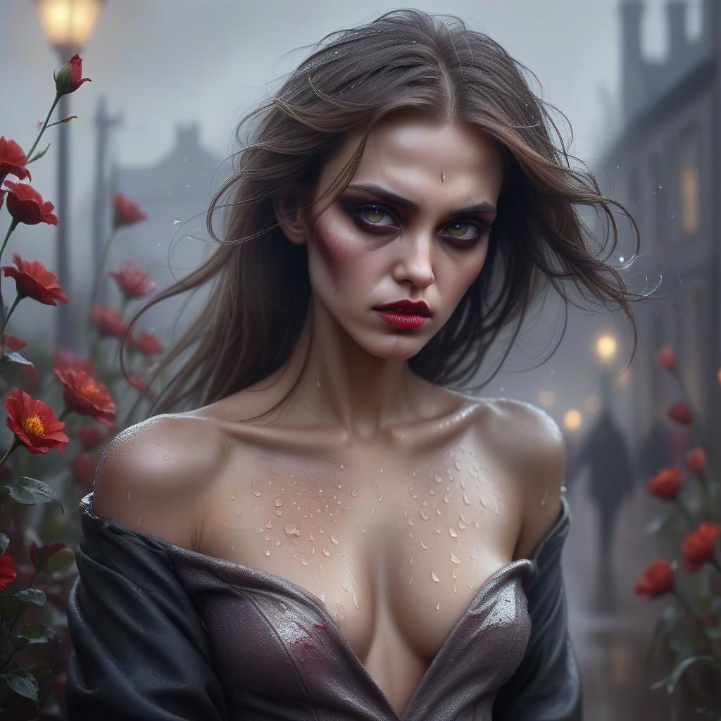  a girl with a brooding look and bloody hair, a graceful and beautiful figure with features reminiscent of angelina jolie and jessica alba bright lips high cheekbones and expressive eyes. high detail, around it gentle twinkling fire, half brown flowers winding around, a dull background with fog and soft light, a mysterious and slightly gloomy atmosphere, a light wind moves hair and clothes, rain drops sparkle on the skin