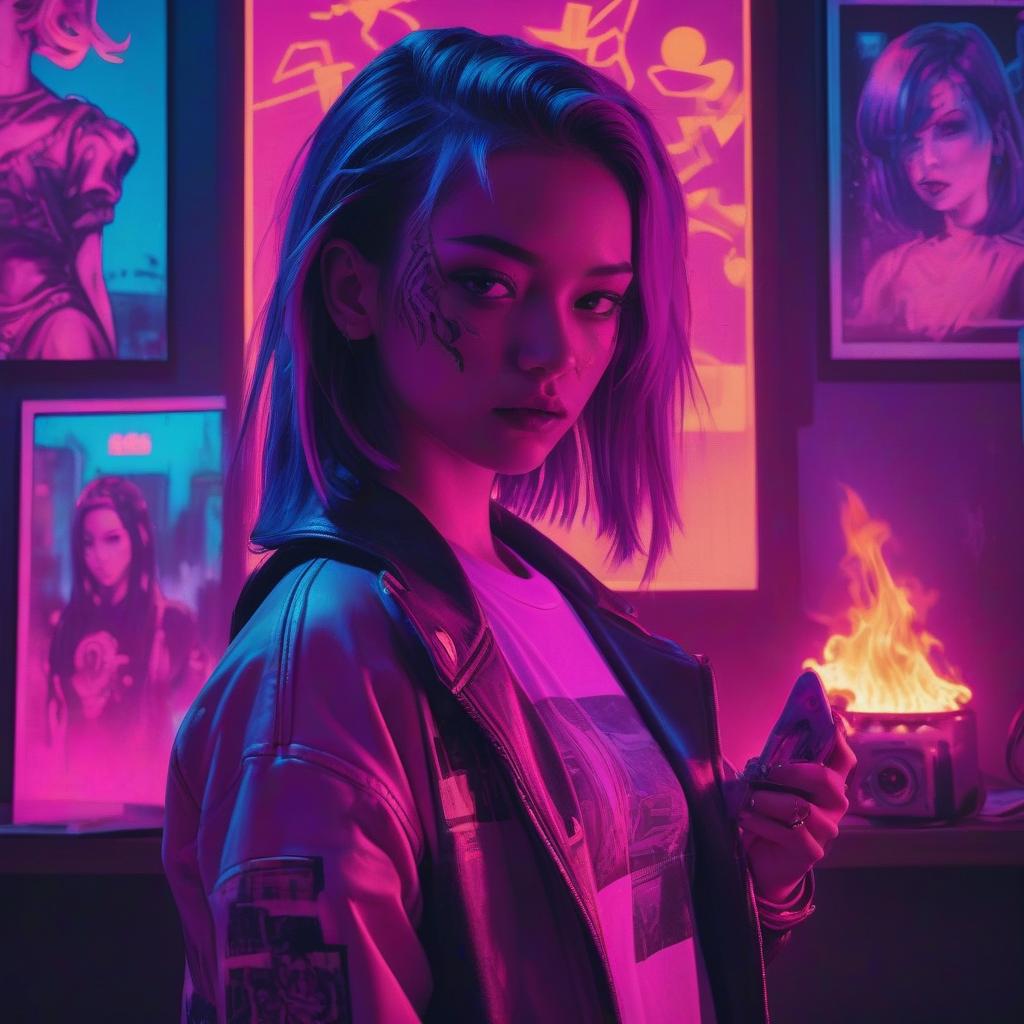  neonpunk style a man stands and burns a photo of a girl, and behind him are surrounded by copies of this girl from the burning photo . cyberpunk, vaporwave, neon, vibes, vibrant, stunningly beautiful, crisp, detailed, sleek, ultramodern, magenta highlights, dark purple shadows, high contrast, cinematic, ultra detailed, intricate, professional