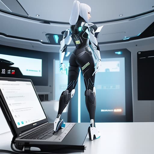  A futuristic robot hunched over a computer keyboard. Apply the Following Styles hyperrealistic, full body, detailed clothing, highly detailed, cinematic lighting, stunningly beautiful, intricate, sharp focus, f/1. 8, 85mm, (centered image composition), (professionally color graded), ((bright soft diffused light)), volumetric fog, trending on instagram, trending on tumblr, HDR 4K, 8K