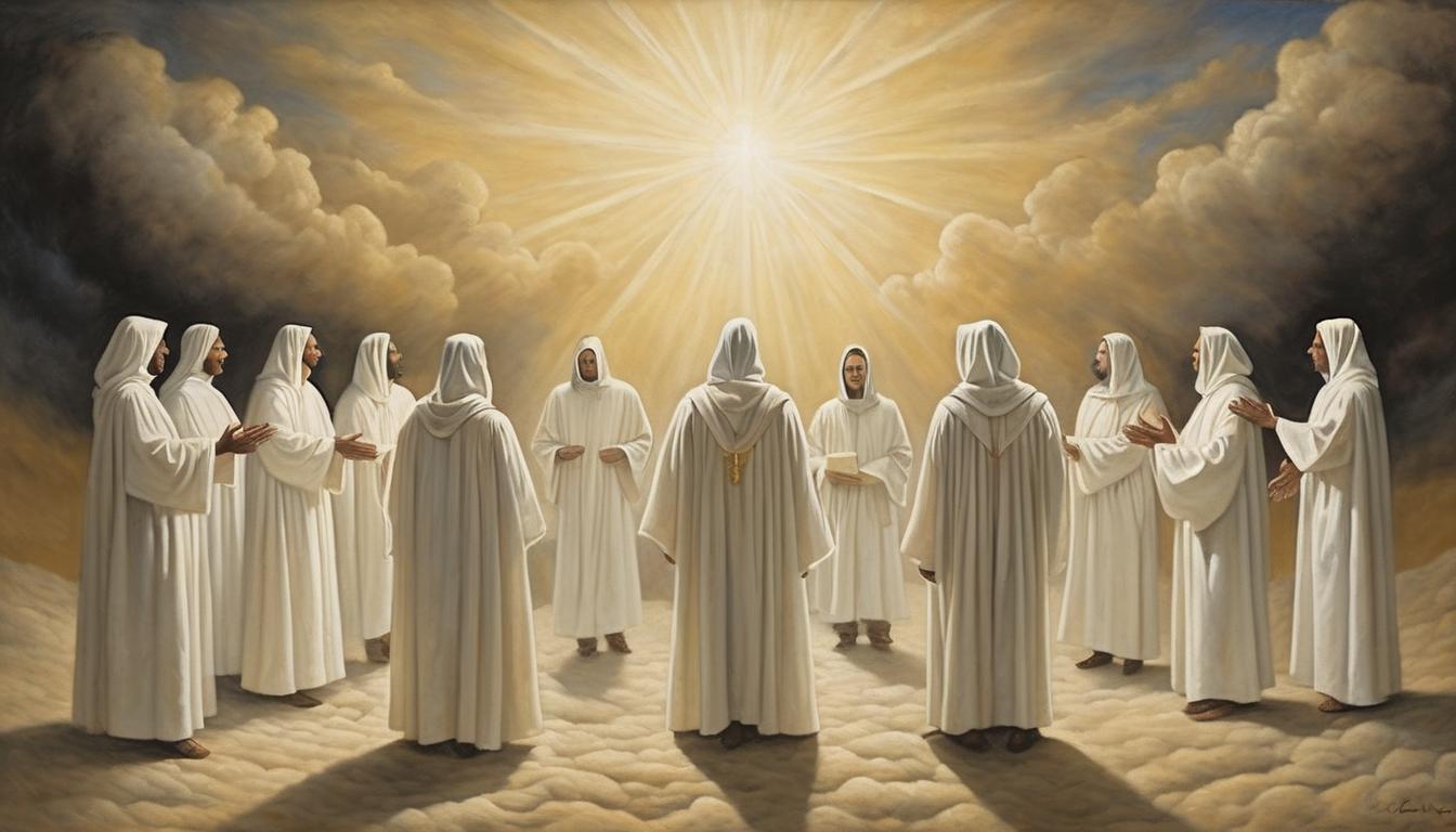  on parchment, surrealism++, new leaders standing with confident expressions, clad in white robes, hands raised towards the heavens, divine glow surrounding them, light breaking through dark clouds, hopeful and renewed(mysterious, provocative, symbolic)++