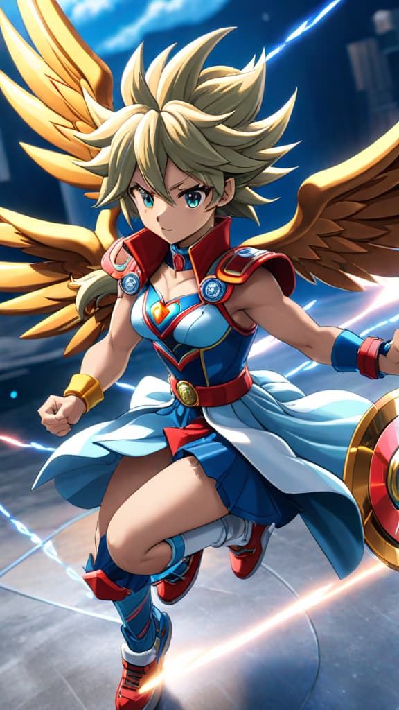  anime art ginka hagani from beyblade discovering the legendary pegasus beyblade with metallic wings shimmering hyperrealistic, full body, detailed clothing, highly detailed, cinematic lighting, stunningly beautiful, intricate, sharp focus, f/1. 8, 85mm, (centered image composition), (professionally color graded), ((bright soft diffused light)), volumetric fog, trending on instagram, trending on tumblr, HDR 4K, 8K