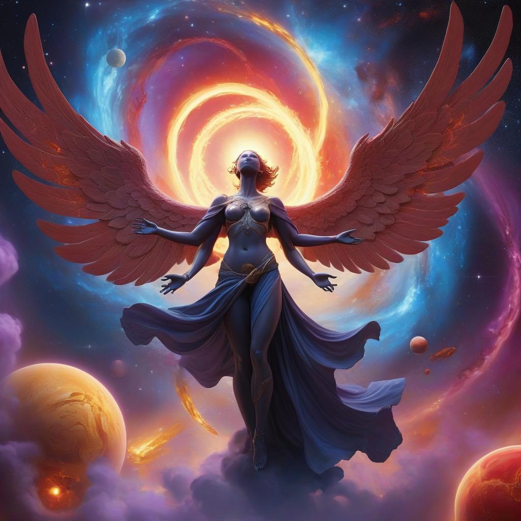  a celestial figure rising above a planet, engulfed in flames of light with outstretched wings, surrounded by swirling galaxies, distant planets, and vibrant nebulas. the space environment glows in shades of blue, purple, and deep black, contrasted by warm yellows and reds radiating from the central figure.