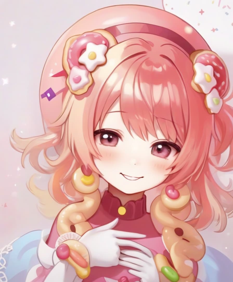  princess doughnut, light smile, decoration in the hair in the form of donuts, slightly shows a donut, style 1.5d