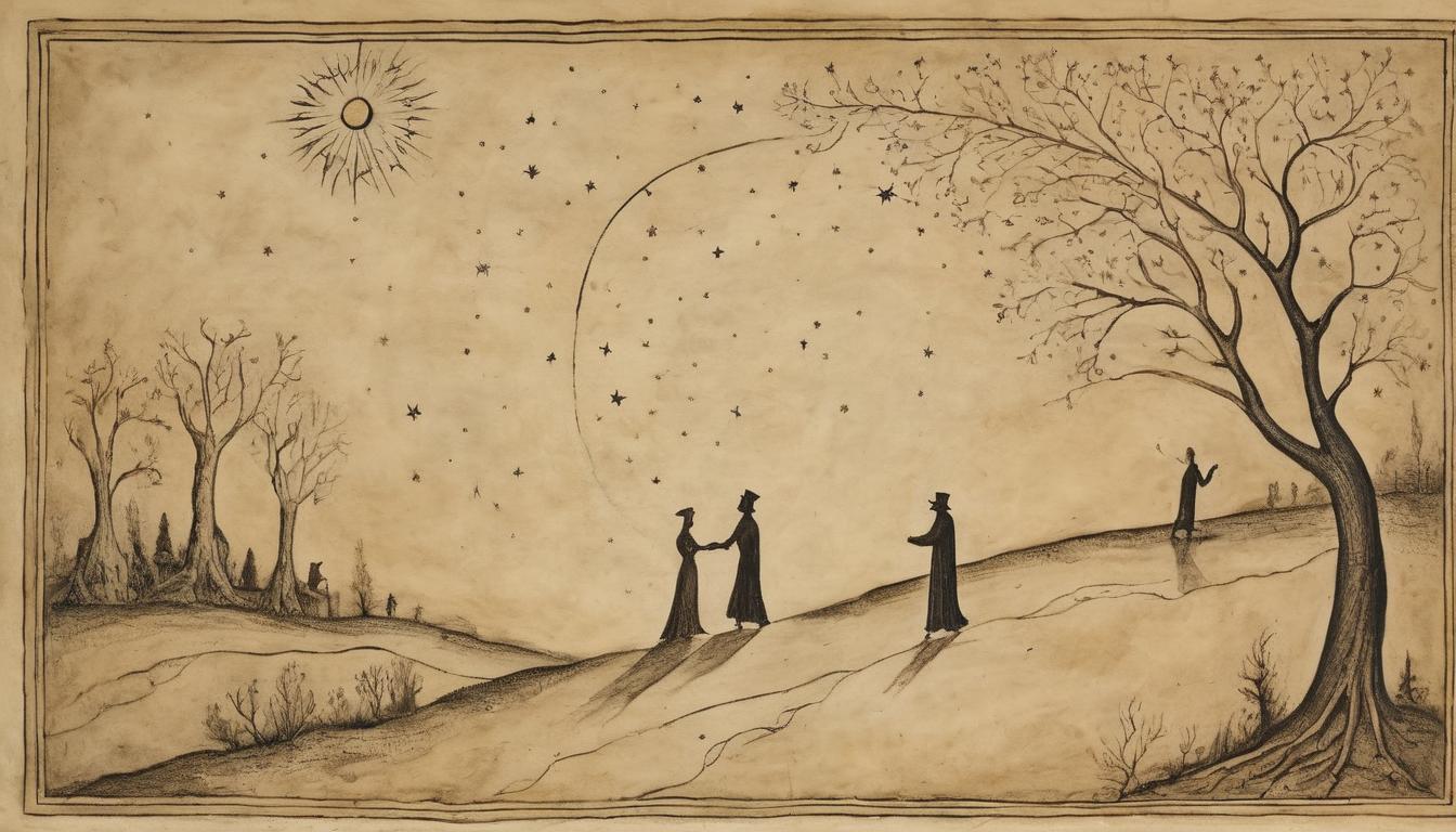  on parchment, surrealism++, two figures walking a starry path, hands reaching out, guiding, kinship(mysterious, provocative, symbolic)++