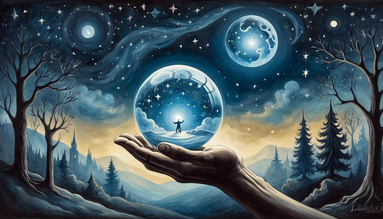  on parchment, surrealism+++, hands releasing a glowing orb into the starry night, reclaiming power, liberation, luminescence against darkness(mysterious, provocative, symbolic,muted color)+++