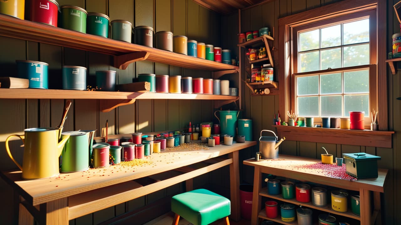  a cozy workshop scene featuring a wooden workbench cluttered with tools, shimmering wood shavings, a partially crafted chair, a birdhouse, and a shelf of colorful paint cans, all illuminated by warm sunlight streaming through a window. hyperrealistic, full body, detailed clothing, highly detailed, cinematic lighting, stunningly beautiful, intricate, sharp focus, f/1. 8, 85mm, (centered image composition), (professionally color graded), ((bright soft diffused light)), volumetric fog, trending on instagram, trending on tumblr, HDR 4K, 8K