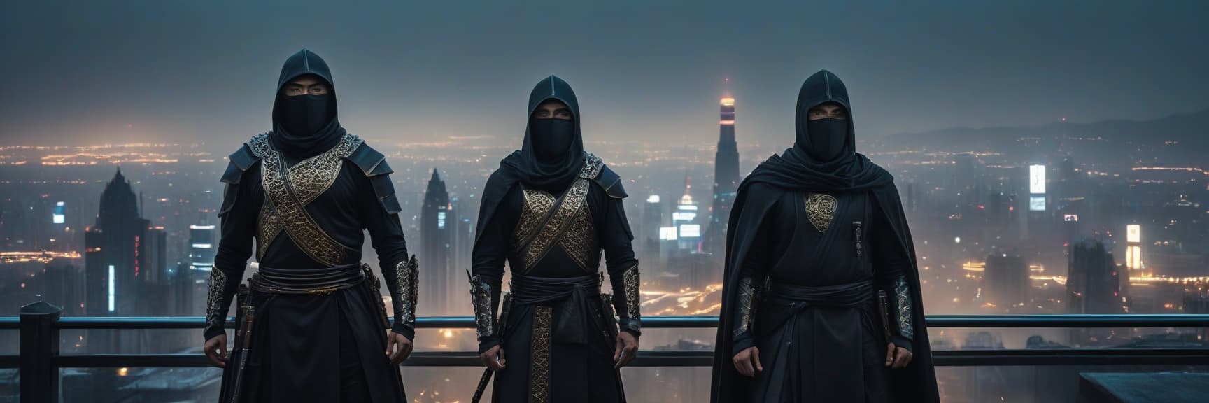  gothic style three ninjas in the shiny armor stand against the back of the city of the future. . dark, mysterious, haunting, dramatic, ornate, detailed hyperrealistic, full body, detailed clothing, highly detailed, cinematic lighting, stunningly beautiful, intricate, sharp focus, f/1. 8, 85mm, (centered image composition), (professionally color graded), ((bright soft diffused light)), volumetric fog, trending on instagram, trending on tumblr, HDR 4K, 8K