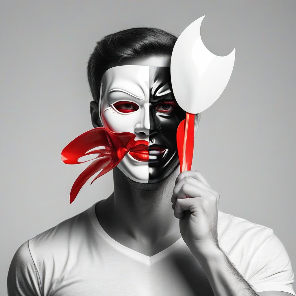  man guy removes mask, black and white image with red elements, high quality