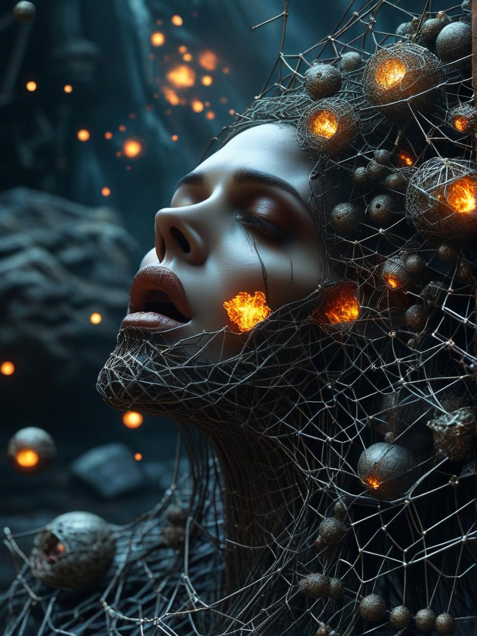  best quality, hd, surreal and haunting digital artwork featuring a close up of a human like face. the face is partially covered with an intricate, web like structure that appears organic and skeletal, with large, inside hollow eye sockets and a partially open mouth is emerging 3d colorful fire balls and space objects like in the solar systems. the skin is a muted, earthy tone, blending seamlessly with the web like texture. the background is dark, enhancing the eerie and mysterious atmosphere of the image. the overall composition is striking and evokes a sense of otherworldly beauty and decay. hyperrealistic, full body, detailed clothing, highly detailed, cinematic lighting, stunningly beautiful, intricate, sharp focus, f/1. 8, 85mm, (centered image composition), (professionally color graded), ((bright soft diffused light)), volumetric fog, trending on instagram, trending on tumblr, HDR 4K, 8K