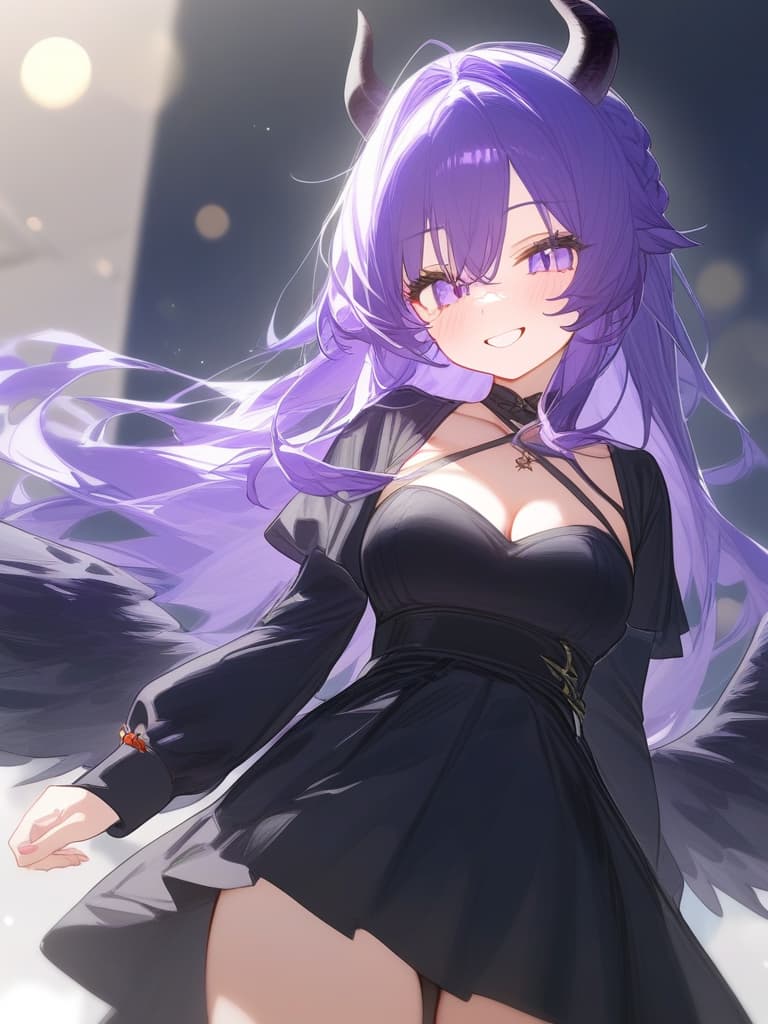  (devil: 1.4), (demon king: 1.2), {(black wings: 1.3), (black horn: 1.3) air: 1.3), 1girl, best quality, mischievous smile, masterpiece, purple hair, long hair, cowboy shot,