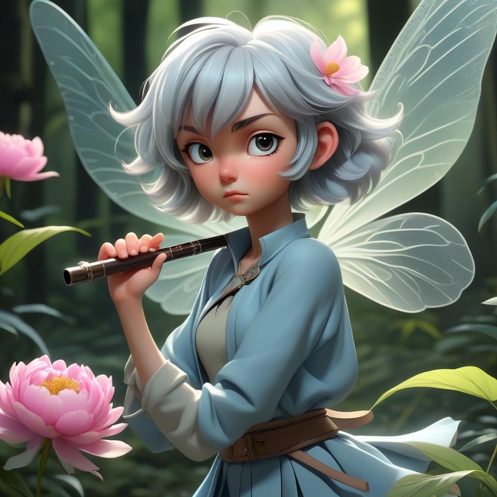  anime artwork in the forest on a peony flower sits fairy with gray short hair in light blue travel clothes, at her waist there is a belt with a flute mount. also behind her are transparent wings, similar wings of a dragonfly. . anime style, key visual, vibrant, studio anime, highly detailed