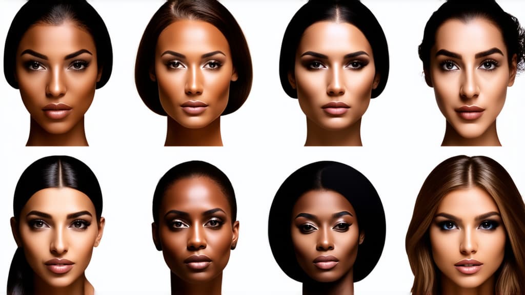  different beauty. set of different female heads on light background. different races and nationalities. ar 16:9, (natural skin texture), highly detailed face, depth of field, hyperrealism, soft light, muted colors