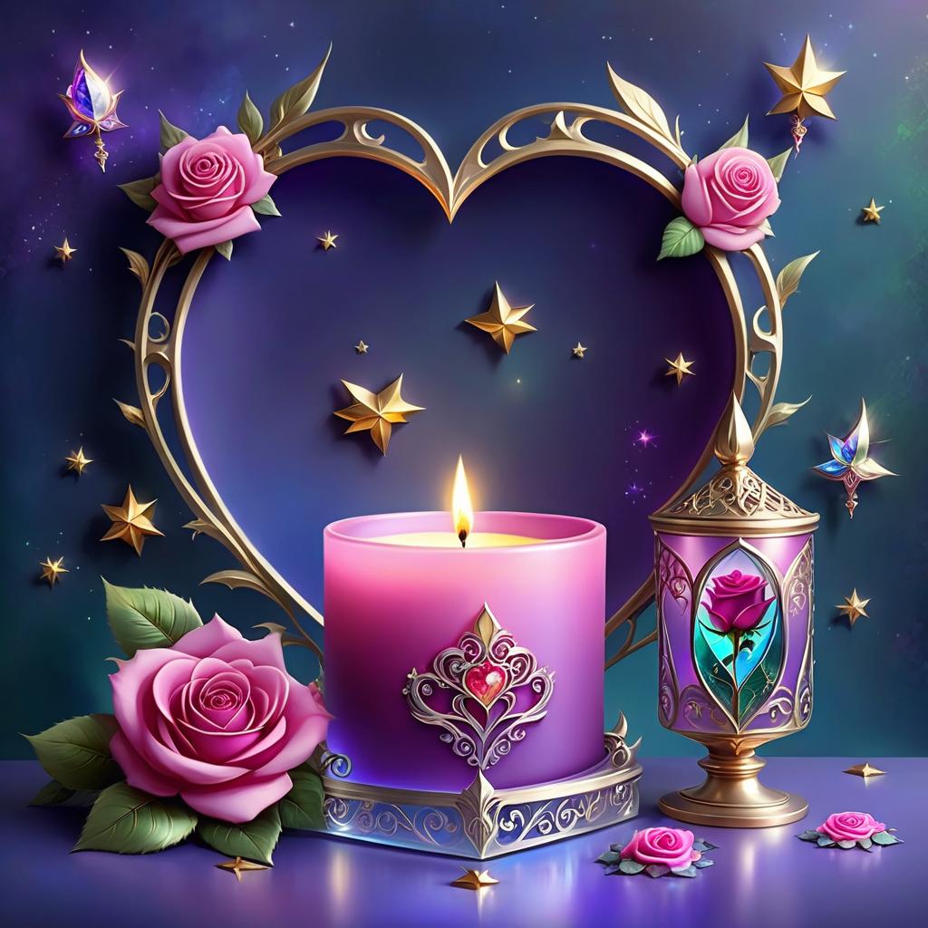  ethereal fantasy concept art of (background):colour:violet blue. (background decoration):silver frames in the shape of hearts and gold fancy stars. (centre):glass square pink candlestick and lighter decorated with fancy roses. (rose colour):pink, dark pink, with cream border. (leaf colour):dark green, green blue, light green. (style):fantasy, fantasy art design, jewellery, interior. . magnificent, celestial, ethereal, painterly, epic, majestic, magical, fantasy art, cover art, dreamy