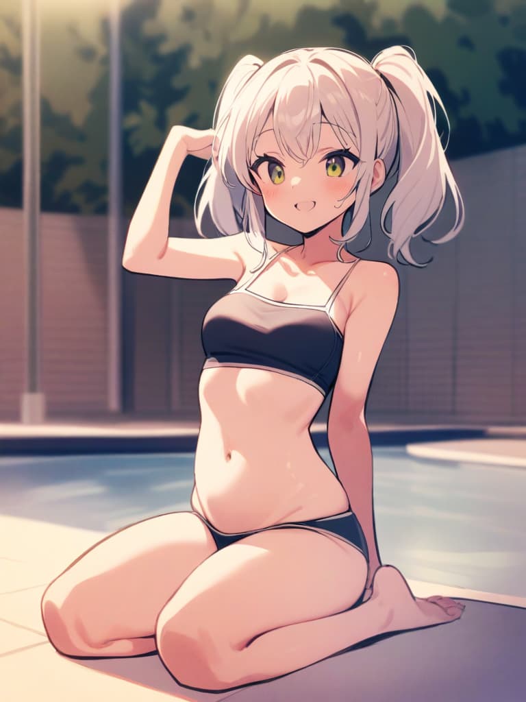  women's elementary students, twin tails, cute smiles, swimwear, man (bulge), (bulging), swimwear, poolside, whole body,