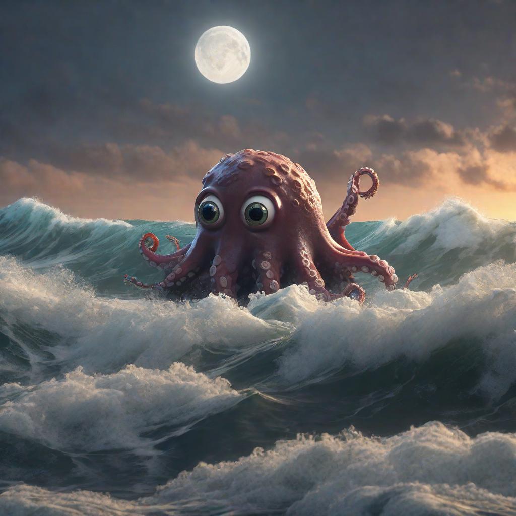  masterpiece, best quality,insanely detailed 3d render, Cute octopus , floating on sea stormy waves and huge low poly rock, full moon in the sky, extremely detailed 4k digital painting cozy indoor lighting, artstation, detailed, character design by mark ryden and pixar and hayao miyazaki,hyperrealistic, super resolution, dramatic shadows, masterpiece, hard edge, breathtaking, shot on Canon 5D, dark britt photographic engine, Rendered in Cinema4D, unreal engine 5, octane render, 8k,