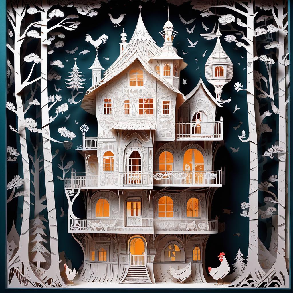  stacked papercut art of cartoon style. russian folk tales. {five story (hut on chicken legs) on each floor looks out of the window baba yaga}. . 3d, layered, dimensional, depth, precision cut, stacked layers, papercut, high contrast