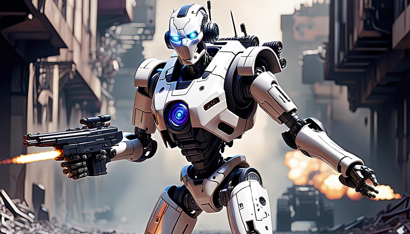  cybernetic style humanoid combat robot, full length with a blaster, plastic, metal, runs the apocalypse . futuristic, technological, cybernetic enhancements, robotics, artificial intelligence themes, perfecteyes