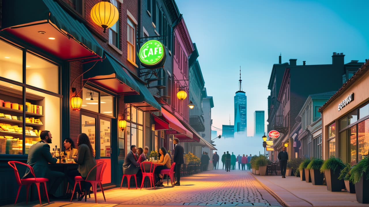  a vibrant franchise storefront bustling with customers, a diverse group of franchise owners discussing business strategies at a nearby café, dollar signs subtly integrated into the design, and a background of city skyline. hyperrealistic, full body, detailed clothing, highly detailed, cinematic lighting, stunningly beautiful, intricate, sharp focus, f/1. 8, 85mm, (centered image composition), (professionally color graded), ((bright soft diffused light)), volumetric fog, trending on instagram, trending on tumblr, HDR 4K, 8K