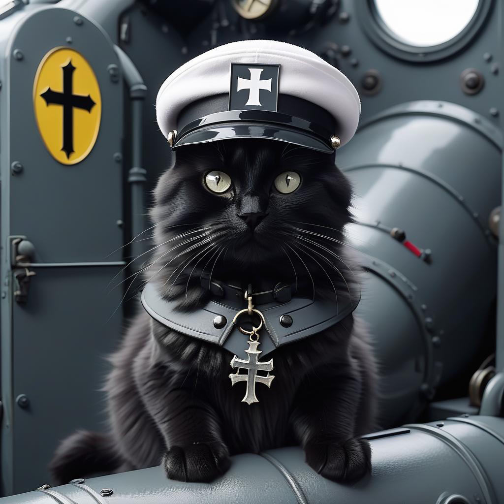  furry black cat with a german knightly cross, in a white cap, in a submarine