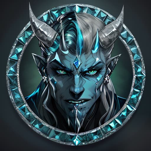  diamond devil, portrait. dark green eyes, man. hair gray. with fangs and horns. colors blue, blue, silver