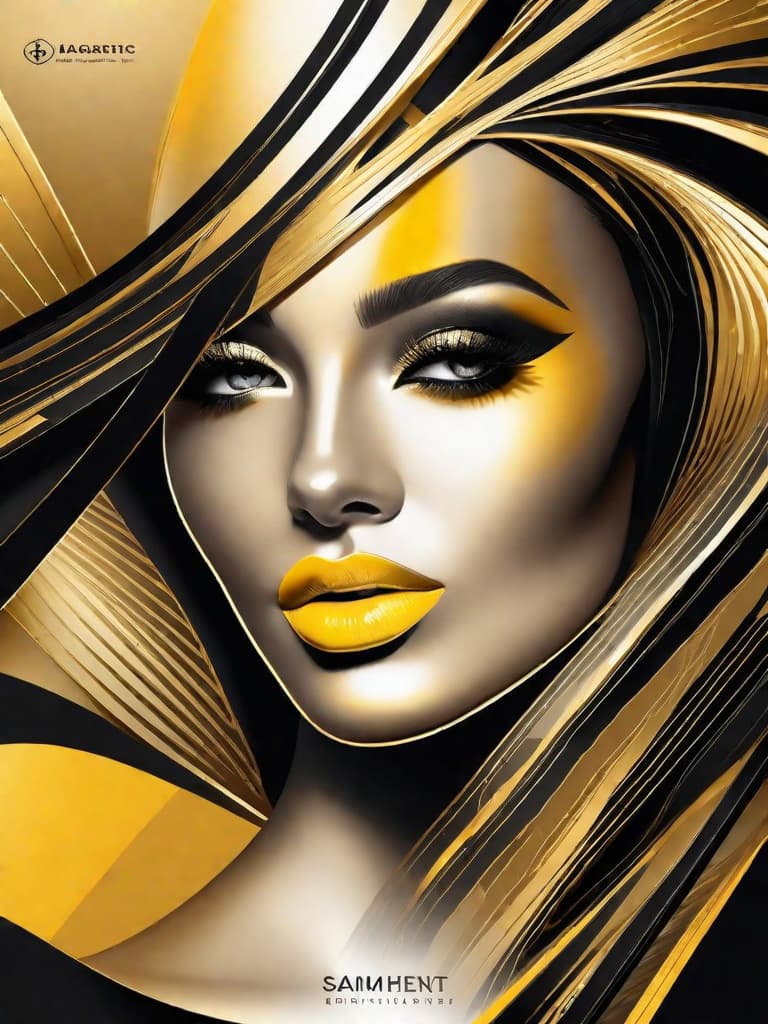  Golden yellow and sleek black color palette, captivating and inviting expression, exuding elegance and charm, magnetic beauty, intricate details, high contrast, luxurious feel, digital art, female, glossy finish, striking composition, dynamic lighting to enhance features.