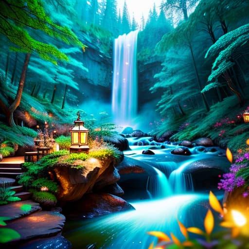  Create a magical world of magic just like in games Main theme: two beautiful elves against the backdrop of a magical world, magical nature, with fireflies and magical creatures, a lot of details and magic lights A waterfall runs down the mountain light green, blue shades hyperrealistic, full body, detailed clothing, highly detailed, cinematic lighting, stunningly beautiful, intricate, sharp focus, f/1. 8, 85mm, (centered image composition), (professionally color graded), ((bright soft diffused light)), volumetric fog, trending on instagram, trending on tumblr, HDR 4K, 8K