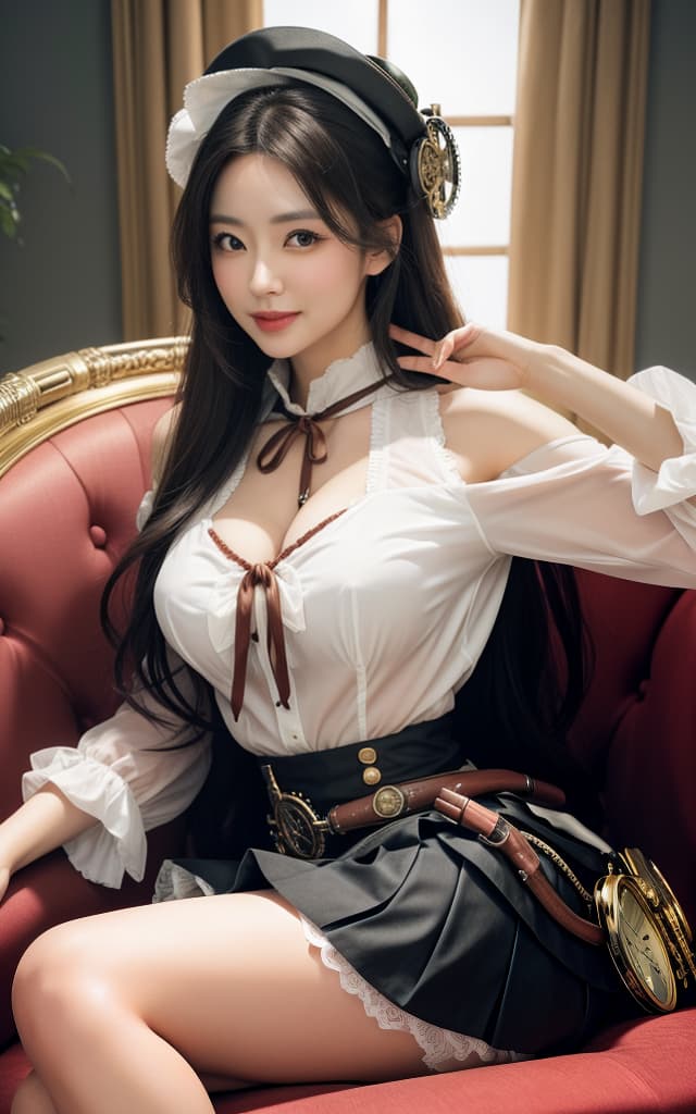  (32K, Real, RAW Photo, Best Quality: 1.4), (((Beautiful big eyes, Double eyelids))), (((Actress: Nozomi Honda,))), (((Big smile))), (Black hair), (Wavy long hair)), Full anatomical body, (Delicate and beautiful eyes: 1. 3)), (((Sitting on a gorgeous sofa Sitting))), (natural light)), (((fusion of Lolita and Steampunk fashion))), (((mini skirt))) portrait, front view, facing face, upper body, face_forward, facing viewer, (standing, reaching, seductive smile, (cinnamon pink based outfit)), Steampunk Object. hyperrealistic, full body, detailed clothing, highly detailed, cinematic lighting, stunningly beautiful, intricate, sharp focus, f/1. 8, 85mm, (centered image composition), (professionally color graded), ((bright soft diffused light)), volumetric fog, trending on instagram, trending on tumblr, HDR 4K, 8K