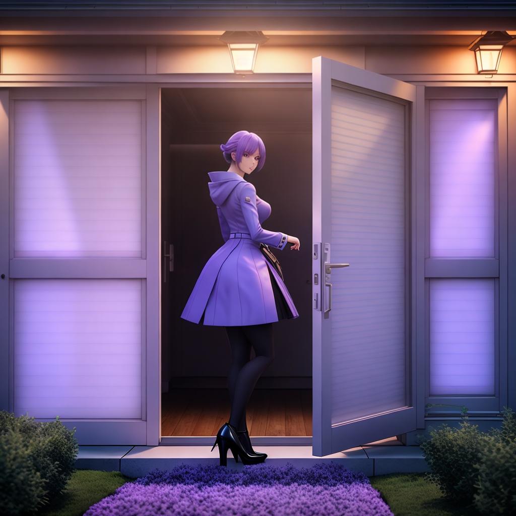  anime character standing in front of purple glows and a door opens wide character standing in front of purple glows on the ground, looking out of windows and houses, in the style of anime hyperrealistic, full body, detailed clothing, highly detailed, cinematic lighting, stunningly beautiful, intricate, sharp focus, f/1. 8, 85mm, (centered image composition), (professionally color graded), ((bright soft diffused light)), volumetric fog, trending on instagram, trending on tumblr, HDR 4K, 8K