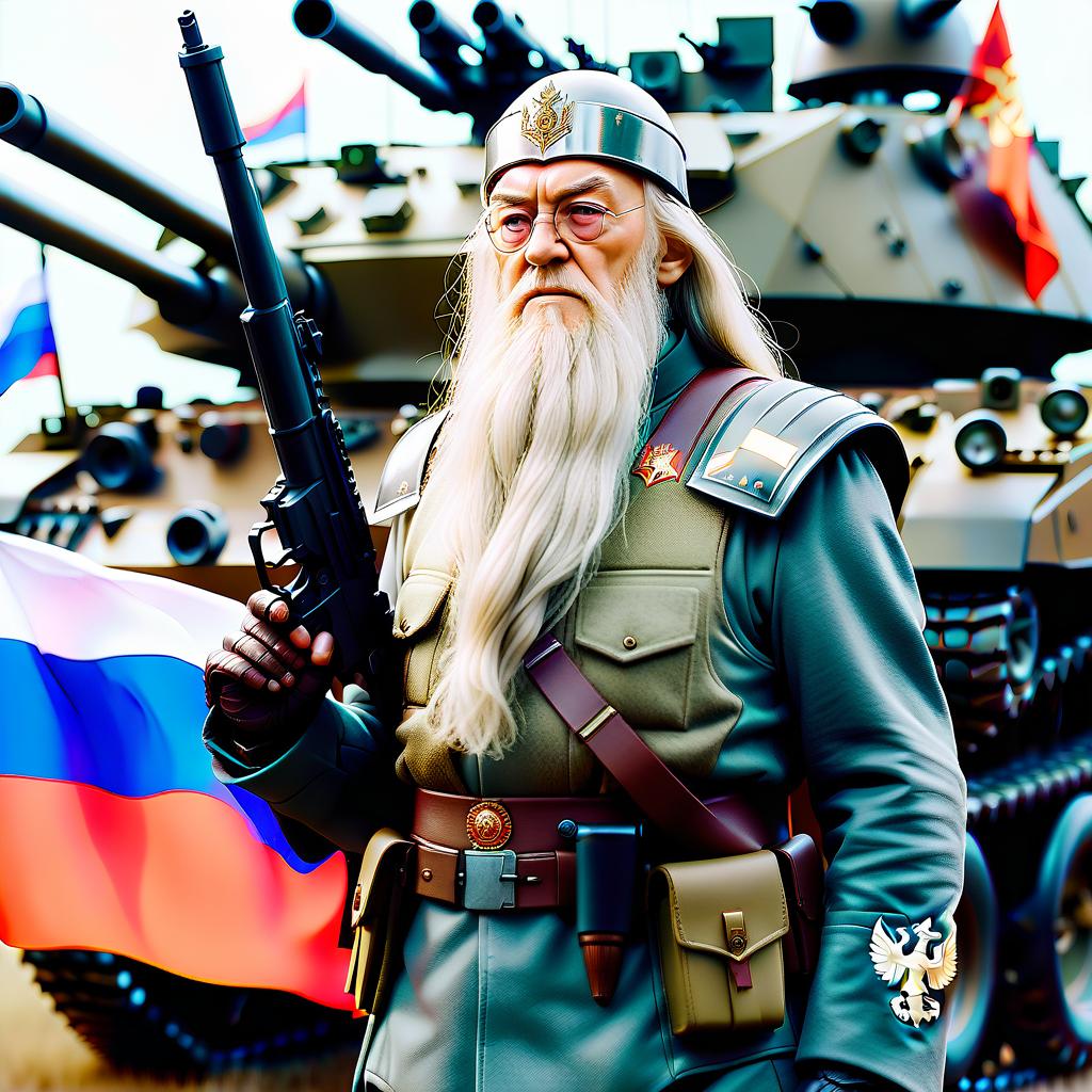  cinematic photo evil albus dumbledore in full height in body armor, helmet and with a gun in his hands with the flag of russia in the background tanks . 35mm photograph, film, bokeh, professional, 4k, highly detailed